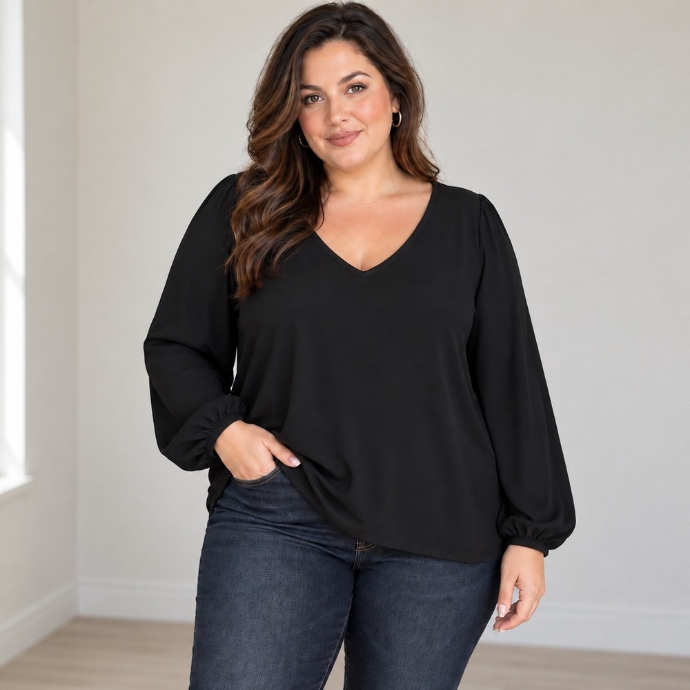 Torrid Black V-Neck Blouse Size 2X Balloon Long Sleeve Top Minimalist Office